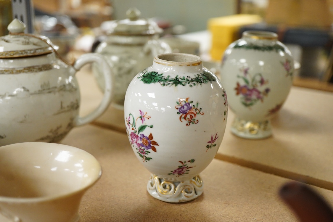 18th century Chinese porcelain tea wares - a grisaille decorated teapot and cover - 13cm high, a famille rose tea caddy, cup and saucer and a Kangxi blanc de chine libation cup